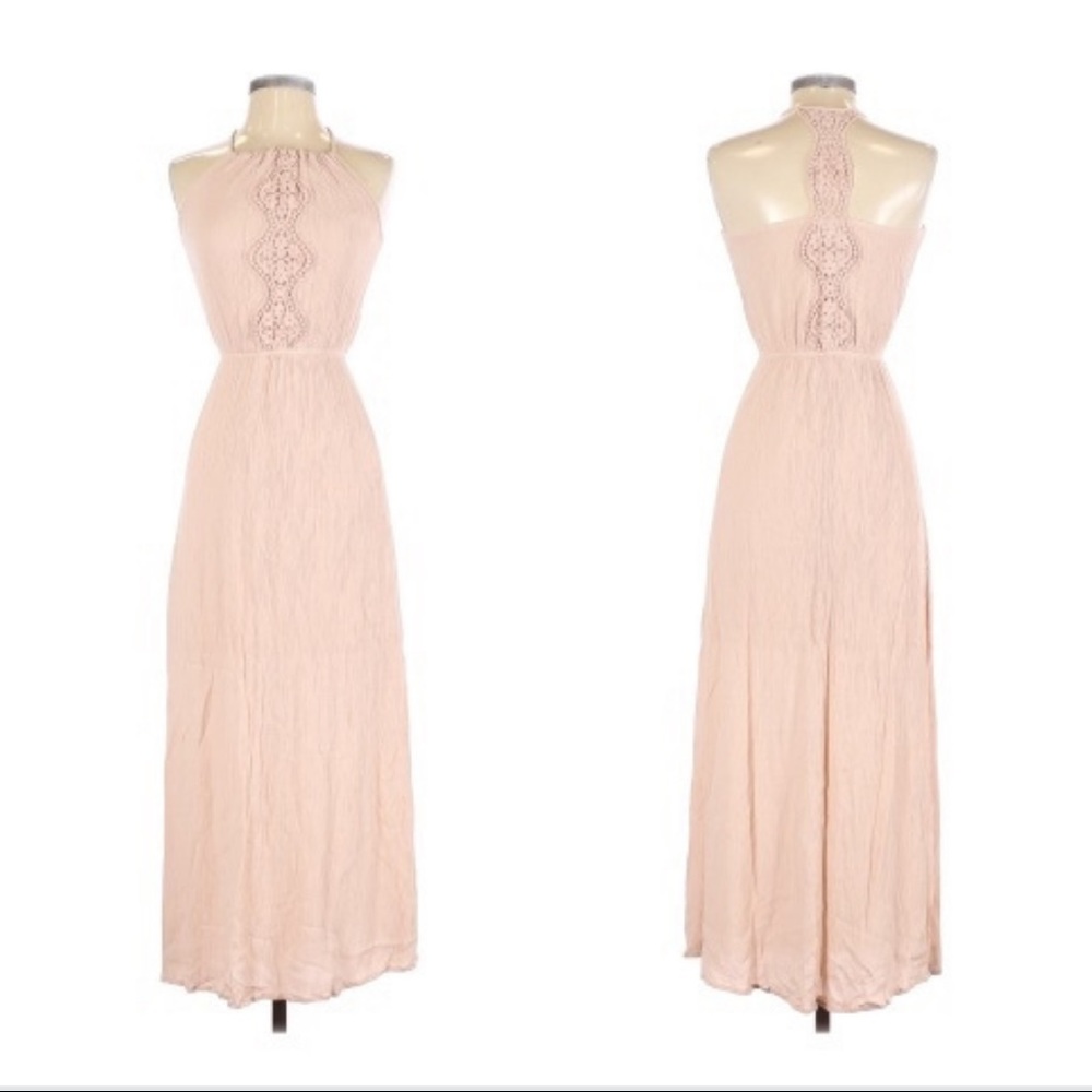 Blush Pink Grecian Cotton Crochet Lace Maxi Dress